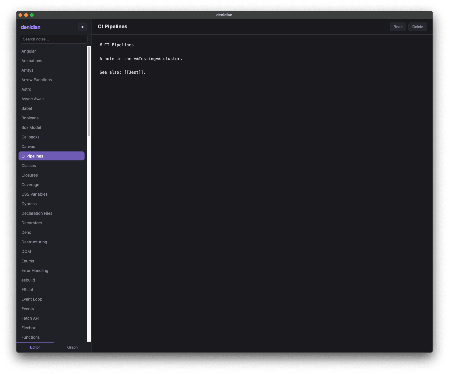 The denidian note-taking app, built with deno desktop, running as a native macOS window